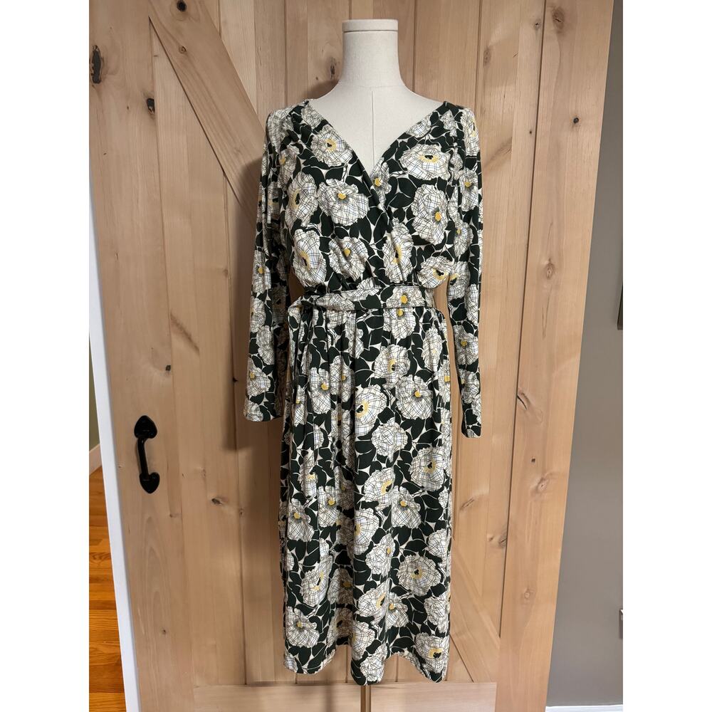 Lands End | Green Floral Cotton Wrap Midi Dress | Size Medium 10-12